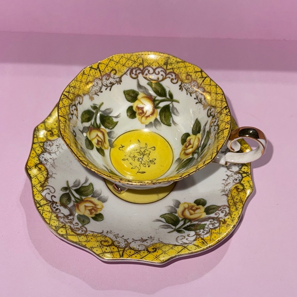 Vintage Yellow Floral Teacup and Saucer Set